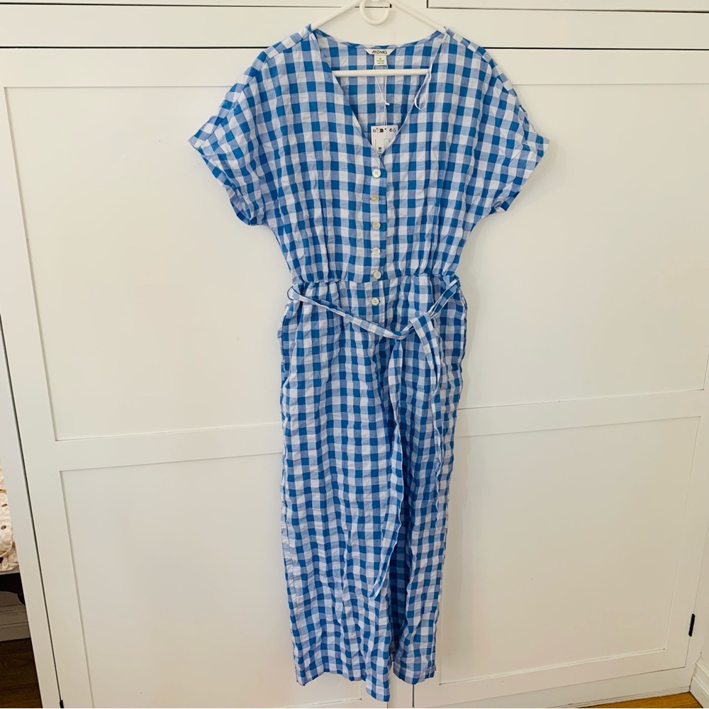 Monki Blue Gingham Tie Waist Seersucker Jumpsuit Size Medium
